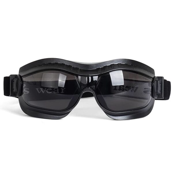 A pair of black protective goggles with dark tinted lenses and adjustable straps, designed for outdoor or industrial use. The goggles have a sleek, wraparound design for full eye coverage.
