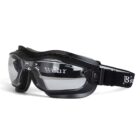 A pair of protective goggles with clear lenses, a black frame, and an adjustable black strap. The goggles feature ventilation slots on the sides for airflow.