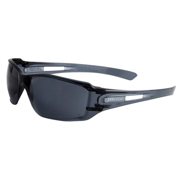 Dark wraparound sunglasses with sleek black frames, featuring a logo on the temples. The lenses are tinted, providing a sporty and modern appearance.