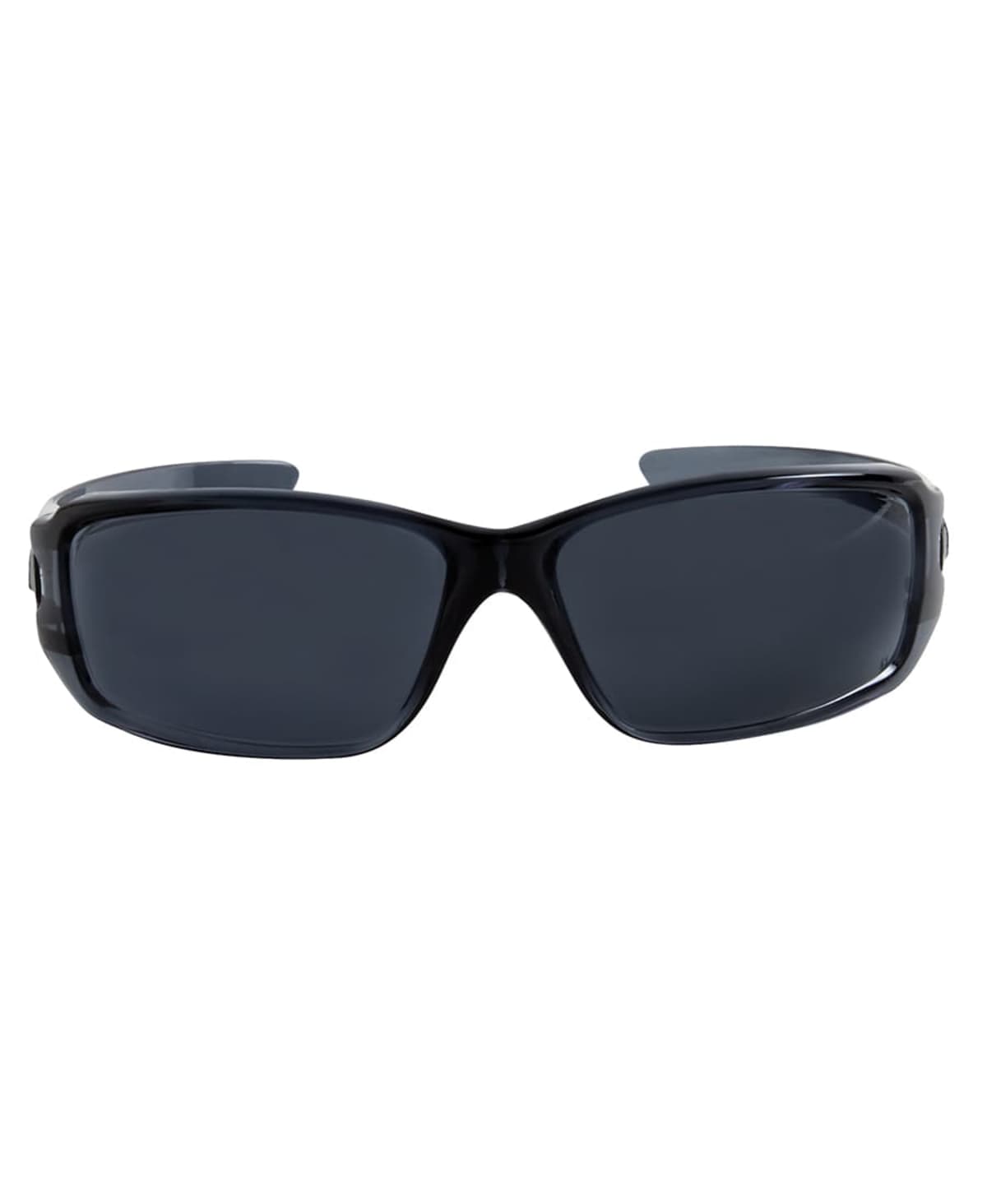 A pair of black wrap-around sunglasses with dark tinted lenses, viewed from the front. The sunglasses have a sleek design with thick frames and slightly curved arms.