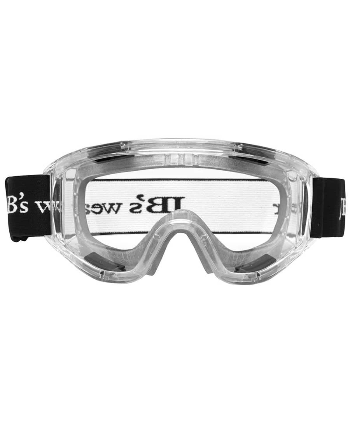 Clear safety goggles with a black adjustable strap. The strap features white text partially visible, with the design resembling protective eyewear for various activities.