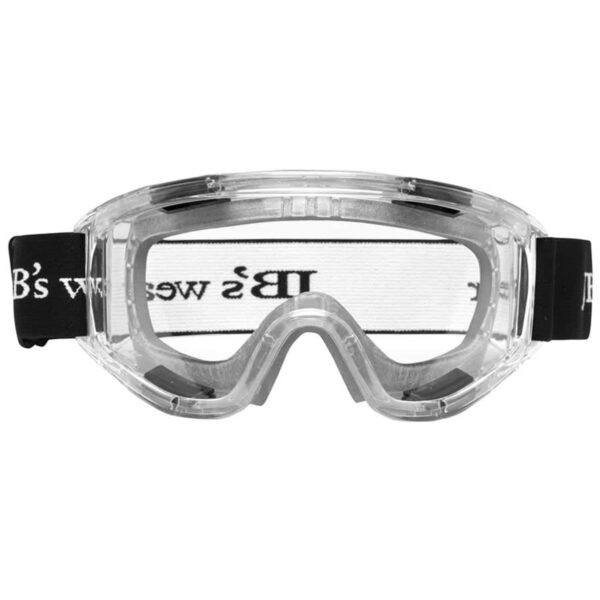 Transparent safety goggles with a clear plastic frame and a black adjustable strap displaying white text.