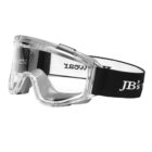 Clear safety goggles with a black adjustable strap featuring white text. The goggles have a curved design and provide full eye protection.
