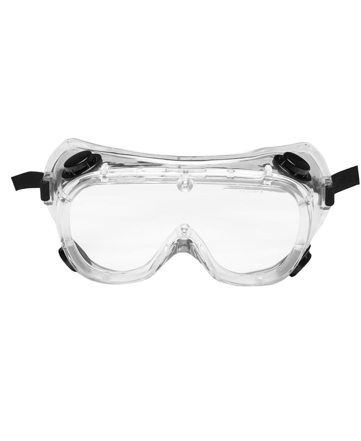 A pair of transparent safety goggles with black adjustable straps and ventilation slits, designed to protect the eyes during various activities.
