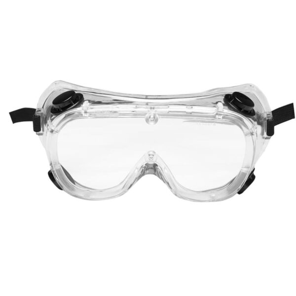 A pair of clear safety goggles with a black adjustable strap and ventilation openings on the sides. The goggles have a transparent lens designed to protect the eyes.