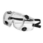 Clear safety goggles with black ventilation ports and an adjustable black strap. Designed to protect eyes from splashes and particles.
