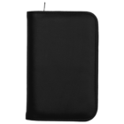 A closed black leather zippered case with a textured surface, viewed from the front. The case has rounded corners and a visible zipper on the right edge.