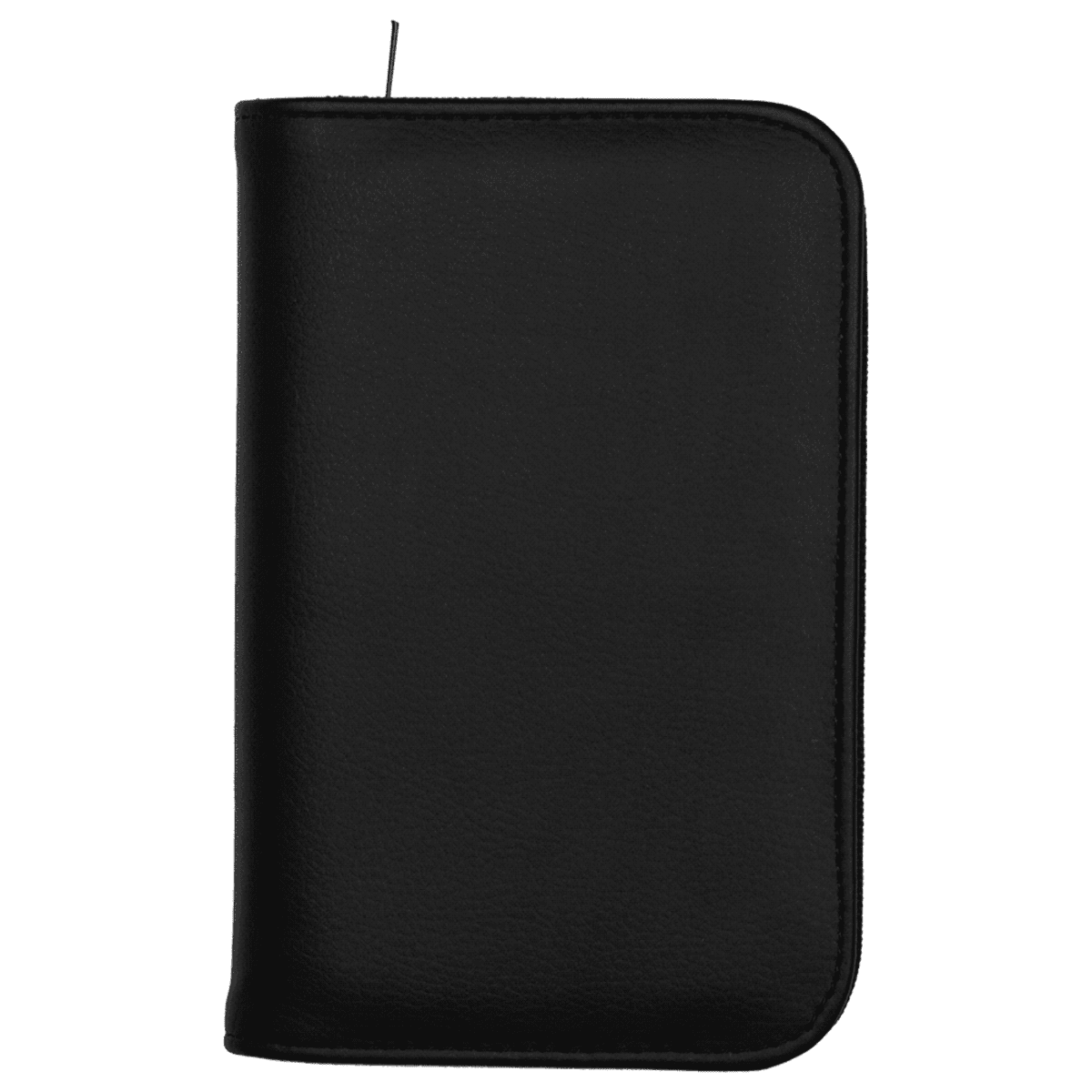 A closed black leather zippered case with a textured surface, viewed from the front. The case has rounded corners and a visible zipper on the right edge.