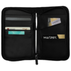 Open black zippered wallet displaying various cards, including a campus card and a card labeled MAGPIES, along with an Australian banknote. A pen is secured in the center of the wallet.
