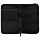 Image of an open black zippered wallet with multiple card slots on the left and larger pockets on the right. The wallet has a sleek, modern design with a visible zipper pull at the bottom.