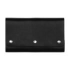 A black leather wallet with three silver button clasps, lying flat against a white background.