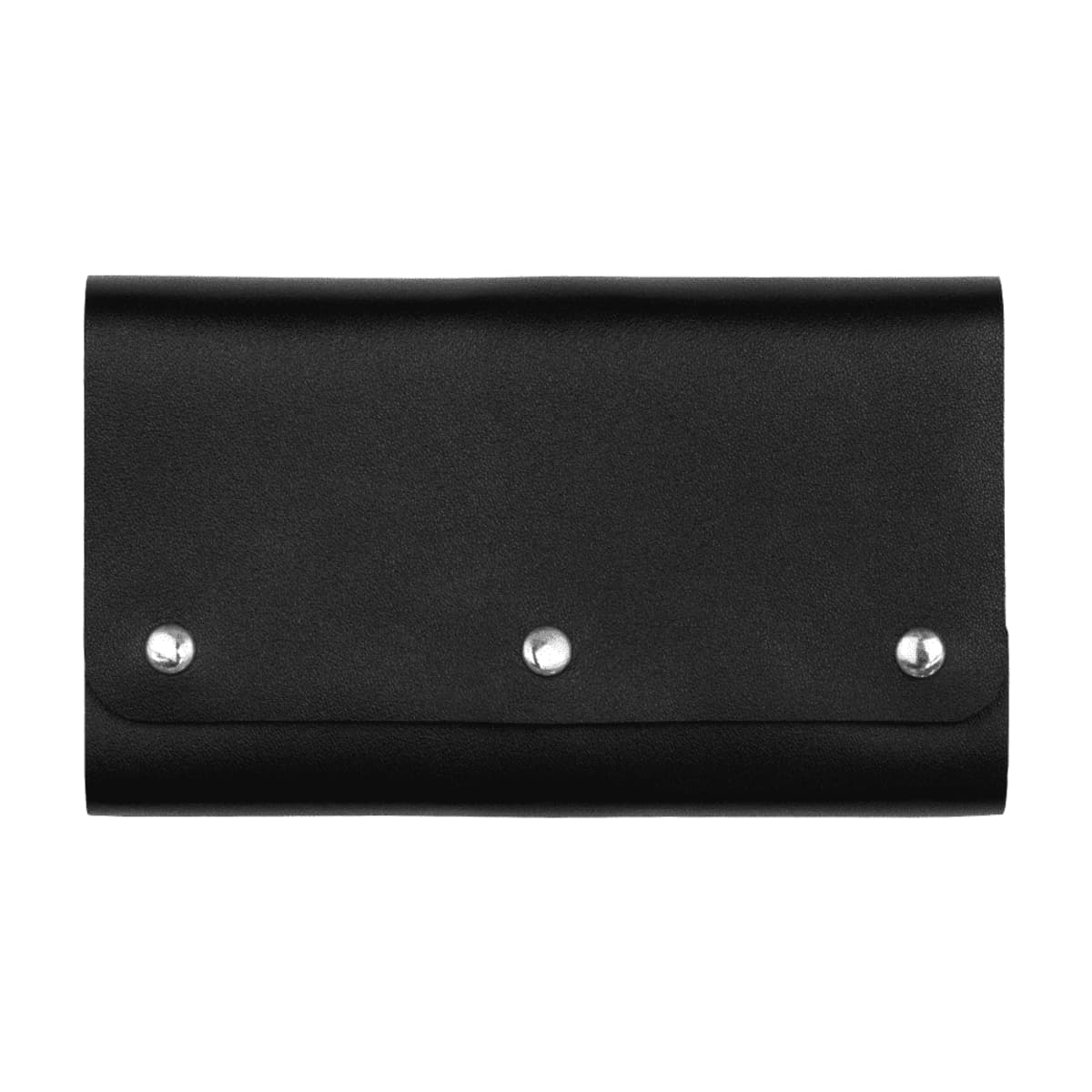 A black leather wallet with three silver button clasps, lying flat against a white background.