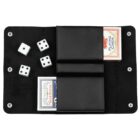 A black case containing two decks of playing cards, one red and one blue, is open. Four white dice are scattered on top of the case. The case has two slot compartments for the cards.