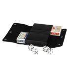 A black leather pouch is open, revealing two packs of playing cards, one red and one blue. In front of the pouch, there are four white dice with black dots.