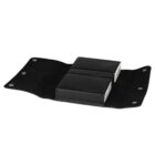 An open black leather case with two compartments, each holding a black box. The case has snap buttons on the sides for closure.