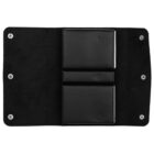 Black leather case open, showing two rectangular compartments inside. The interior is lined with a soft, black material. Silver snaps are visible on the edges of the case.
