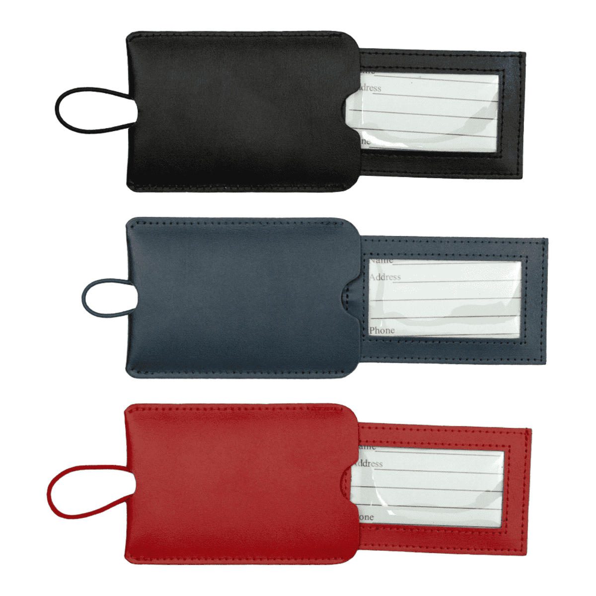 Three leather luggage tags in black, blue, and red. Each tag has a transparent window displaying paper with fields labeled Name, Address, and Phone. A strap is visible for attachment.