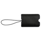 Black leather luggage tag with a simple rectangular design and an attached black strap.