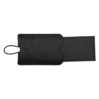 A black leather pouch with a loop handle and an extended flap on the right side, shown against a white background.