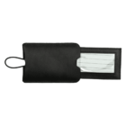 A black leather luggage tag with a transparent window displaying an address card partially pulled out. The tag has a loop for attachment.