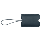 A dark gray rectangular leather luggage tag with rounded edges, a slot for an ID card, and an attached loop strap for securing to a suitcase or bag.