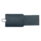 A dark blue, rectangular leather pouch with an open flap and a small loop on the side, viewed from above.