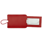 A red leather luggage tag with an open flap, displaying a plastic-covered area for inserting a name and address card. It has a loop for attaching to luggage.