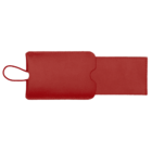 Red leather pouch with a matching pull tab, partially open to reveal an additional compartment. Simple and elegant design.