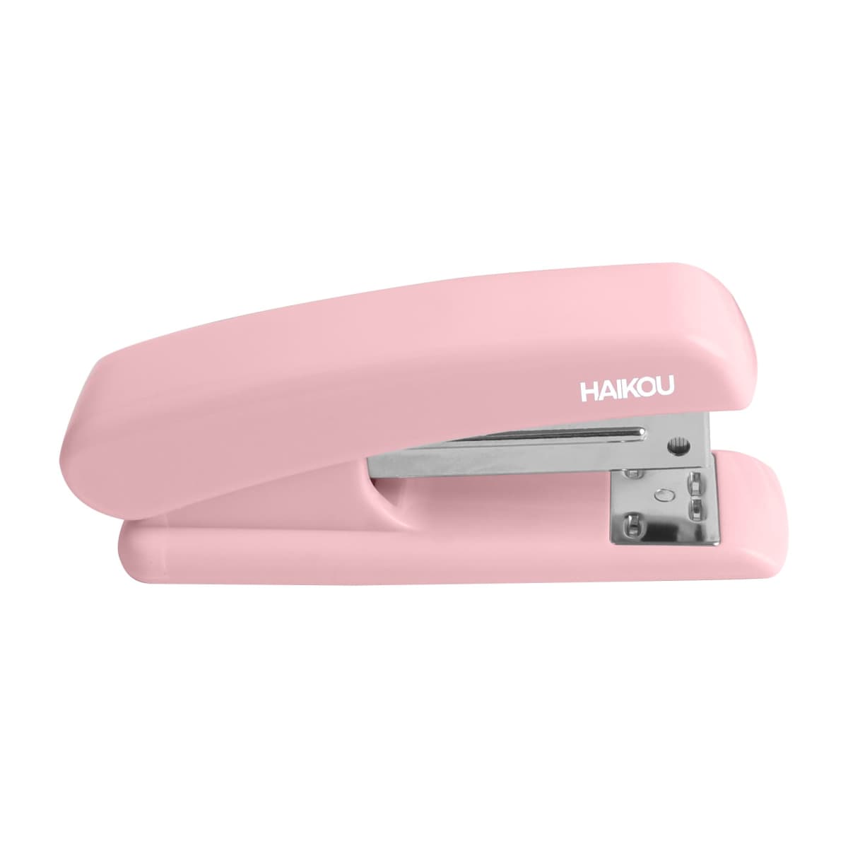 A pink stapler with a silver metal staple holder, featuring the brand name HAIKOU in white on its side.