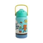 A colorful water bottle with a yellow handle and turquoise lid, decorated with playful cartoon characters, including a carrot and a cactus. The bottle features text saying Collection in a playful font.