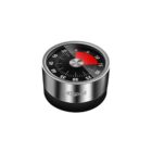 A silver and black kitchen timer with a red section indicating remaining time on a 60-minute scale sits on a white background.