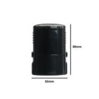 Black cylindrical object with textured grip sides and a clear top, measuring 90mm in height and 63mm in width, against a white background.