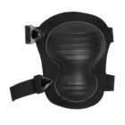 A black knee pad with adjustable straps and a contoured design for protection and comfort. The knee pad has ribbed texture on the front for additional durability.
