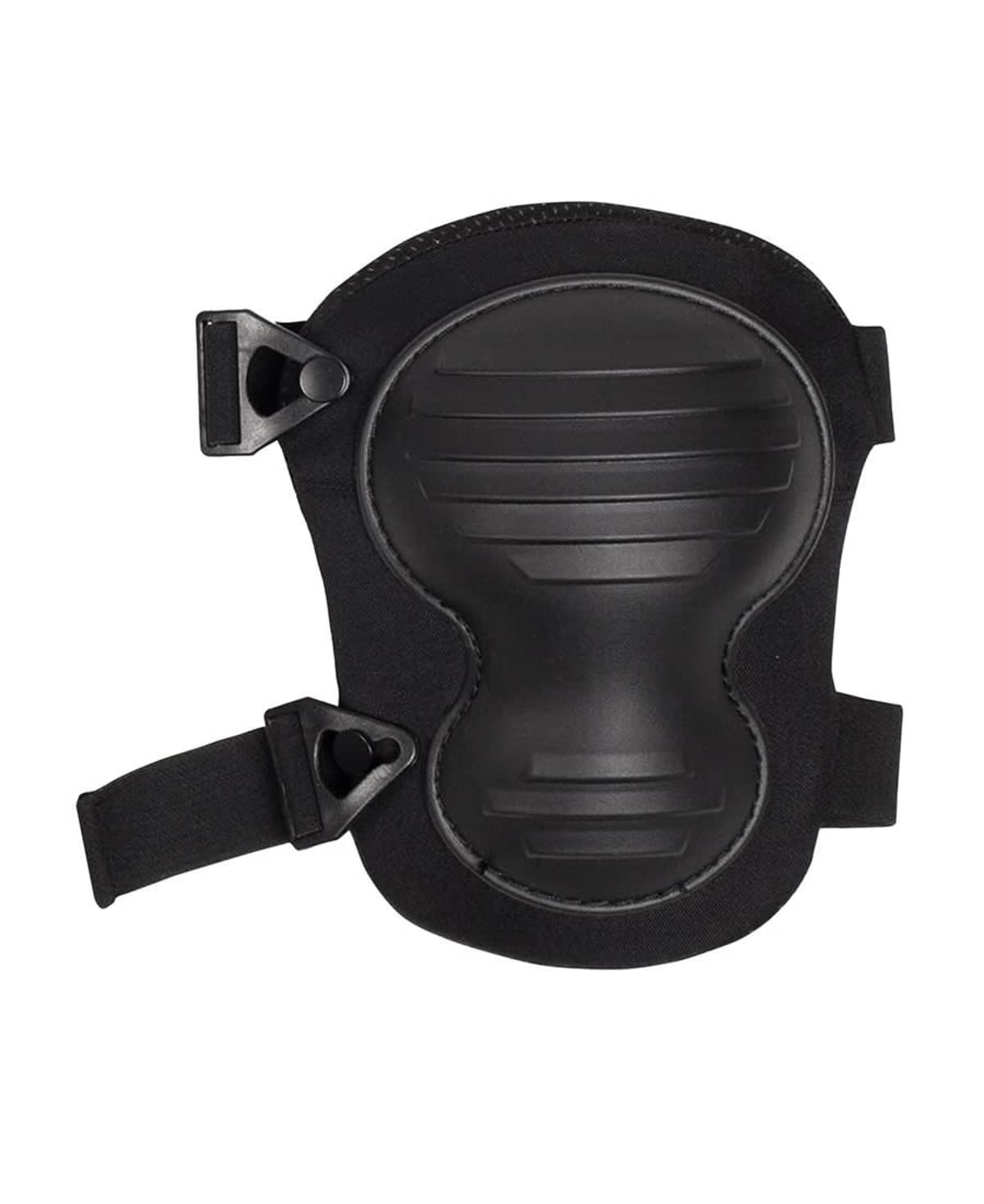 A black knee pad with adjustable straps and a contoured design for protection and comfort. The knee pad has ribbed texture on the front for additional durability.