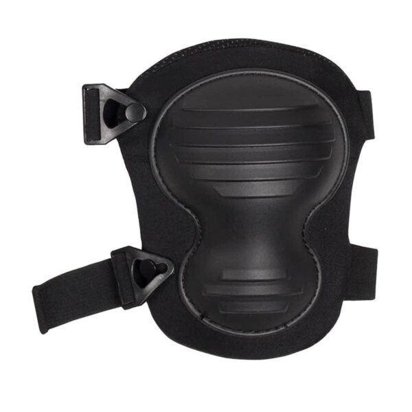 A black knee pad with adjustable straps and a rigid, textured shell for protection, designed for use in activities requiring knee support and cushioning.