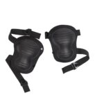 A pair of black knee pads with adjustable straps and hard shell fronts, designed for protection during physical activities. The knee pads are positioned side by side on a white background.