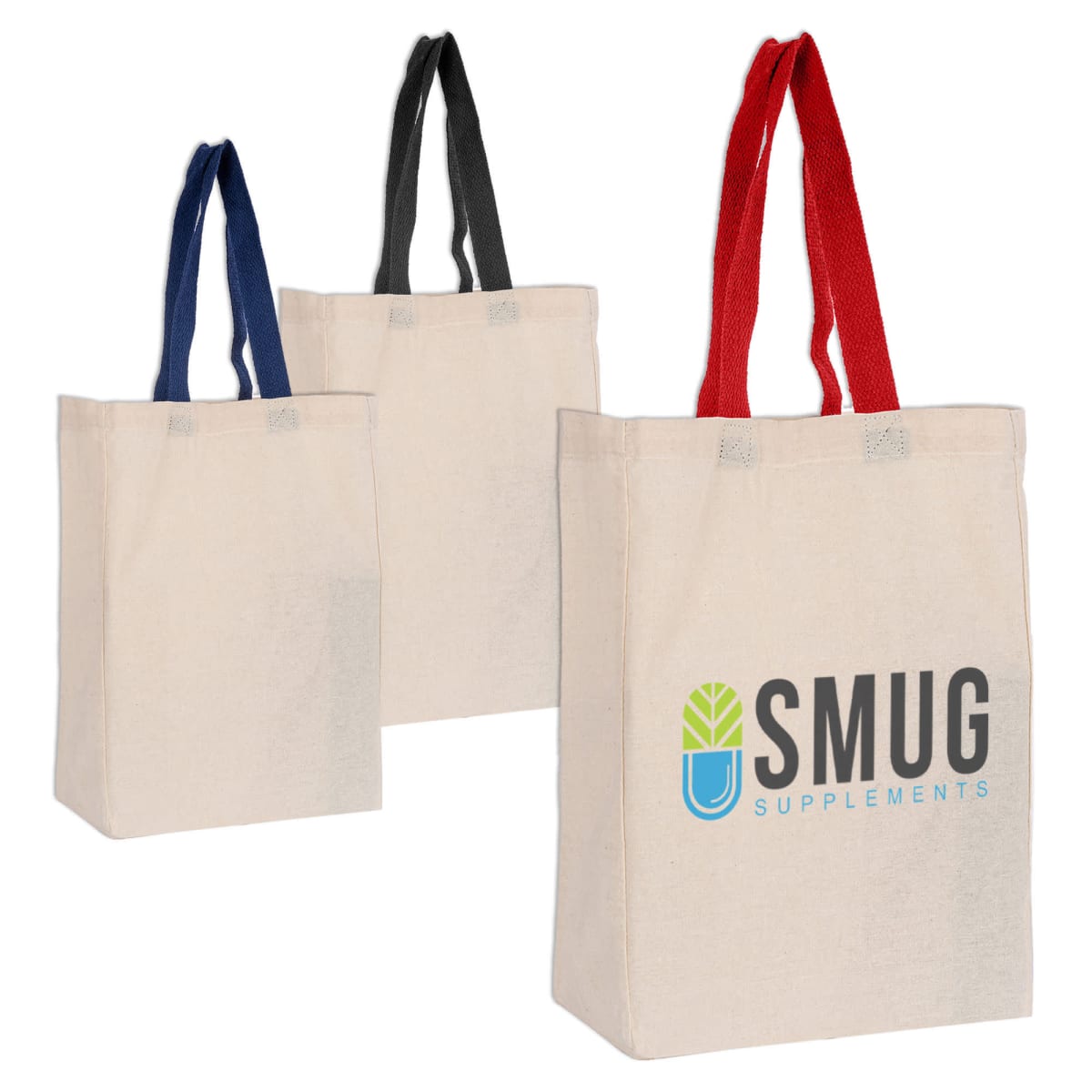 Three tote bags with colored handles are displayed: one with blue handles, another with black, and the third with red. The bag with red handles features the logo and text SMUG Supplements in blue and green.