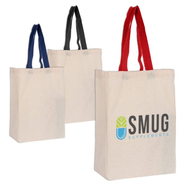 Three canvas tote bags with different colored handles: blue, black, and red. The bag with red handles has SMUG Supplements printed on it in green, blue, and black text.