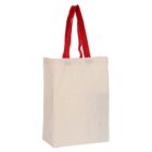 A beige cloth tote bag with long red handles against a white background.