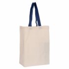 A beige canvas tote bag with navy blue handles. The bag is standing upright against a plain white background.