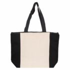 A canvas tote bag with a cream-colored center panel and black side panels, featuring two black shoulder straps. The top is slightly open, revealing a zippered closure. The bag is displayed against a plain white background.