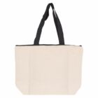 A plain canvas tote bag with black straps. The bag is shown against a white background, featuring a simple and minimalist design. The tote is large with a zippered top, suitable for carrying various items.