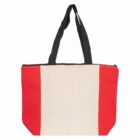 A canvas tote bag with a cream center and red sides, featuring black handles. The bag is plain, with a simple, functional design.