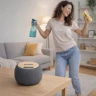 A smiling woman dances while cleaning, with Ecobeat Bamboo Wireless Speakers on the table.