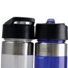 Two insulated bottles with black lids are side by side. The bottle on the left is transparent, and the one on the right is blue. Both bottles have The Range written on their metallic bodies.