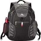 Black and gray High Sierra backpack with a red water bottle in a side pocket.