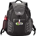 Black and gray High Sierra backpack with a red water bottle and eZanga logo on the front pocket.