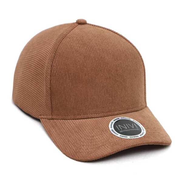 The INIVI 2 Panel Seamless Corduroy Snapback features a brown design with a button on top, white logo sticker on the brim showcasing INN, and visible stitching, blending style and comfort for casual outings.