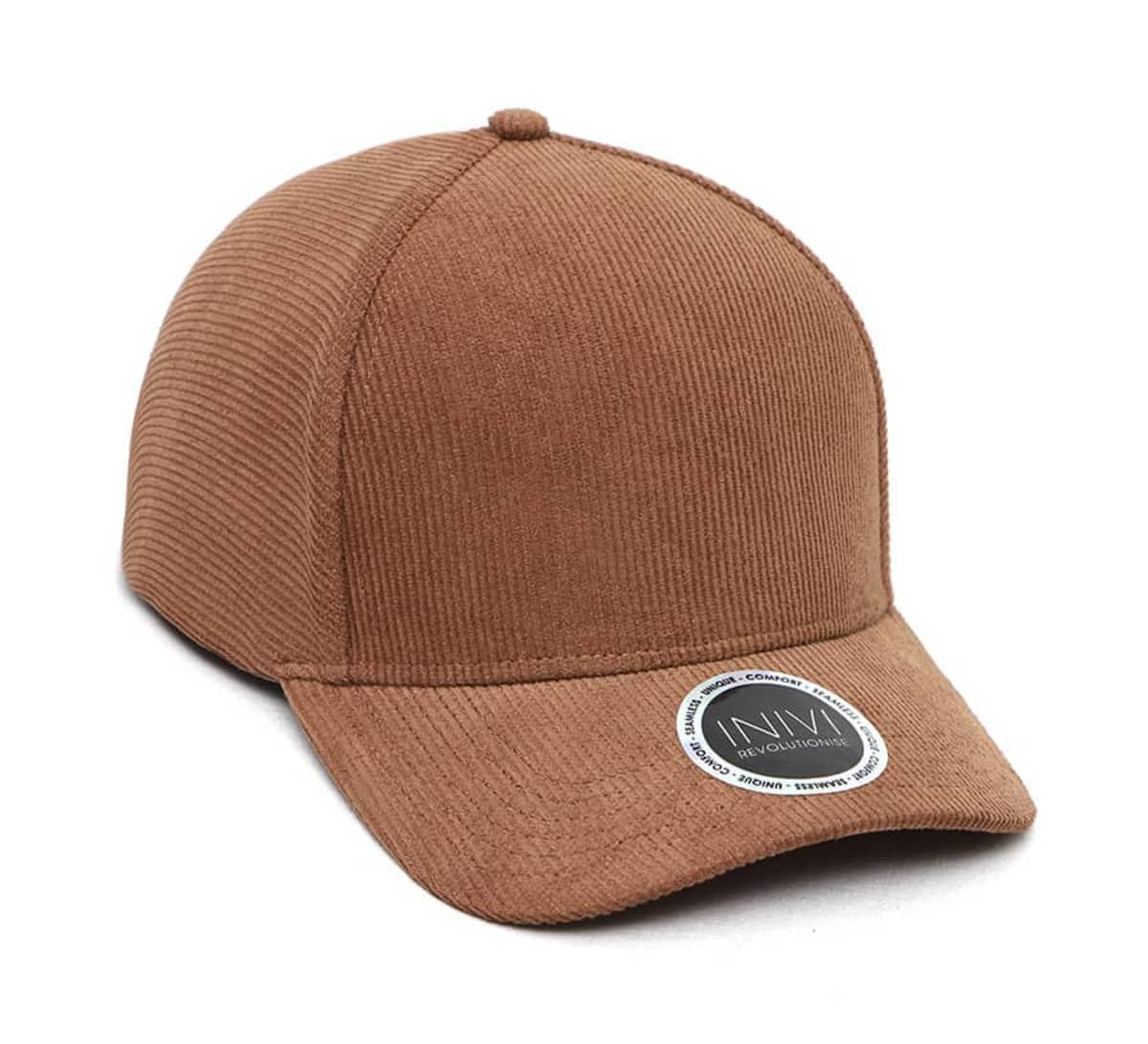The INIVI 2 Panel Seamless Corduroy Snapback features a brown design with a button on top, white logo sticker on the brim showcasing INN, and visible stitching, blending style and comfort for casual outings.