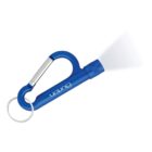 A blue carabiner flashlight with a keyring attached, emitting light from one end. The word Burton is printed in white on the side.